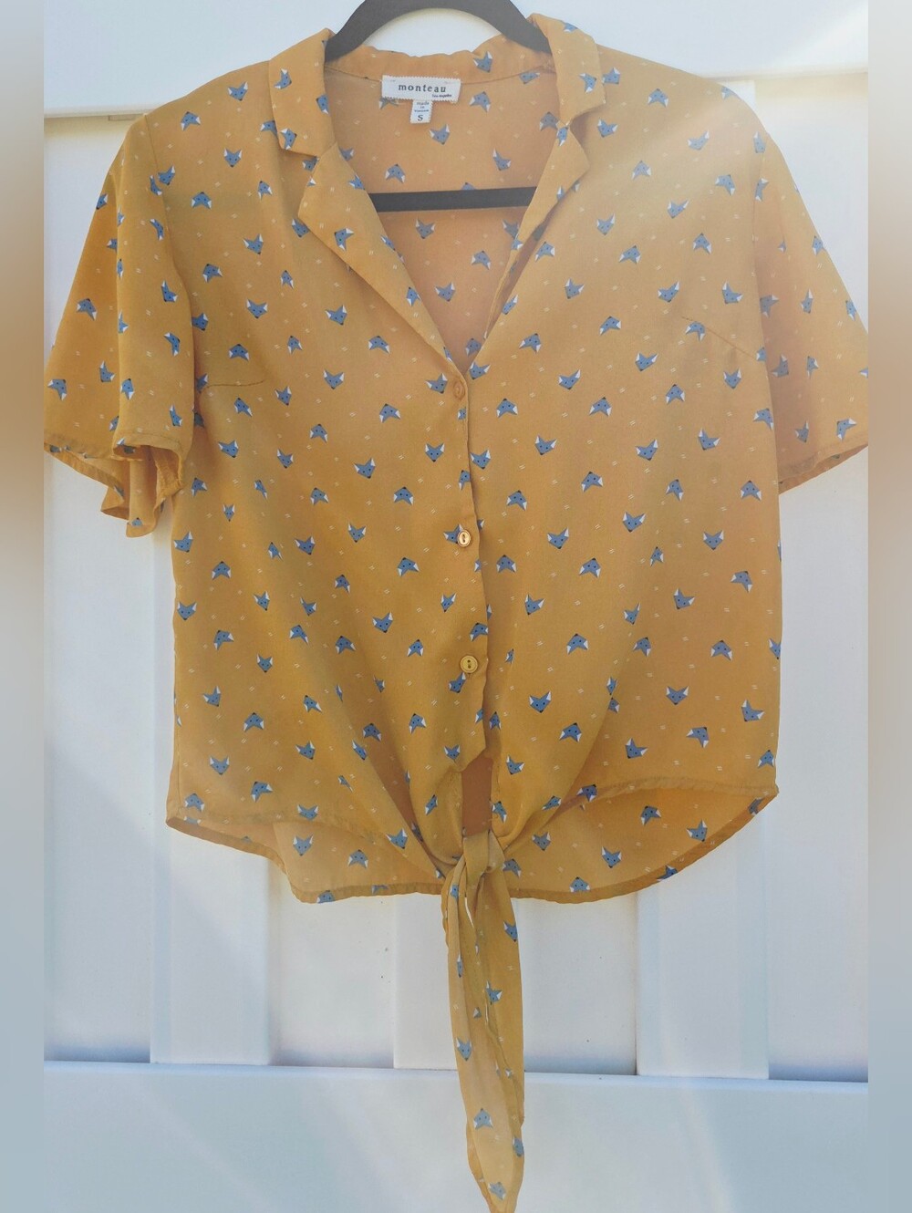 Monteau Women's Mustard Fox Animal Print Button-Up Tie Front Blouse Size S